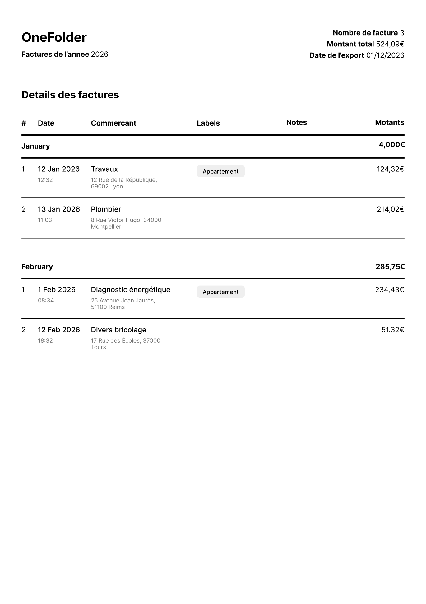 Exemple d'export de factures en tableau